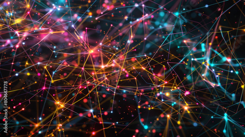Abstract network visualization on a deep black canvas, with thin, brightly colored lines connecting points of light.