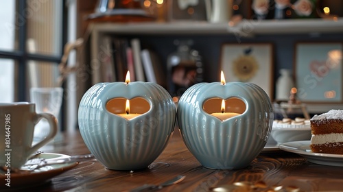   A pair of blue vases rest atop a table, with a sliver of cake positioned in front of them © Nadia