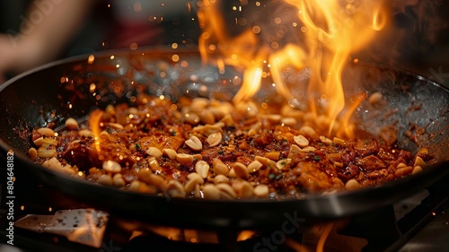 A tantalizing scene of a flaming massaman curry dish cooks in a copper pan, topped with crunchy roasted peanuts, releasing an irresistible aroma that showcases the authenticity of Thai cuisine. photo