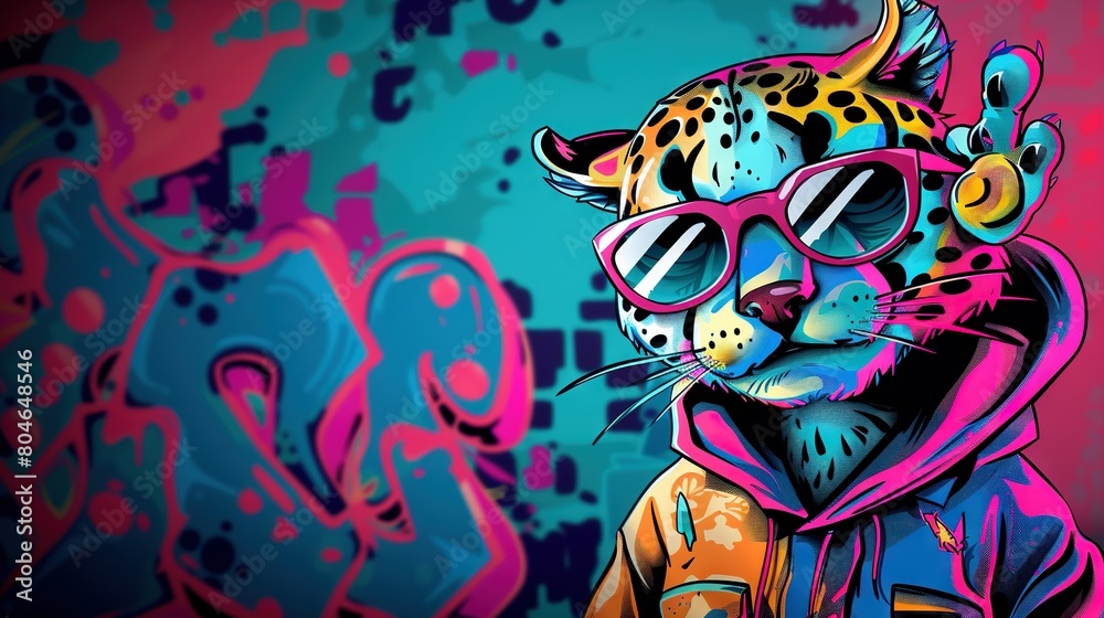   A painting of a cat wearing sunglasses, a hoodie with a leopard on its head, and holding a umbrella