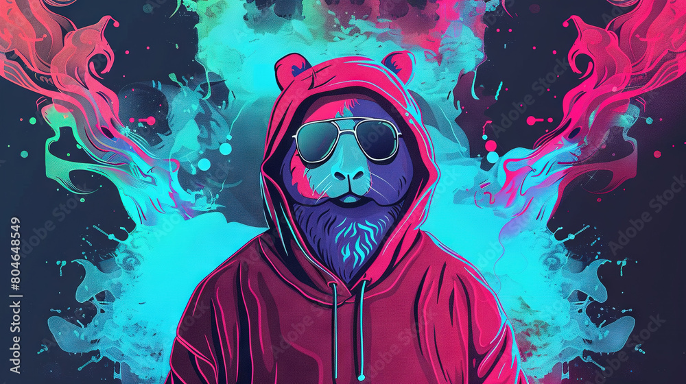 A man with a red hoodie, blue beard, sunglasses, and a bear-themed hoodie is depicted A man with a red hoodie, blue beard, sunglasses, and a bear-themed hoodie is depicted