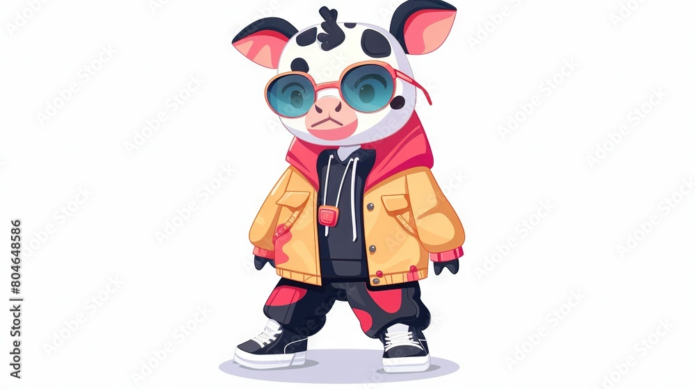 Cartoon cow in yellow jacket, black pants, red scarf, sunglasses Cartoon cow in yellow jacket, black pants, red scarf, sunglasses