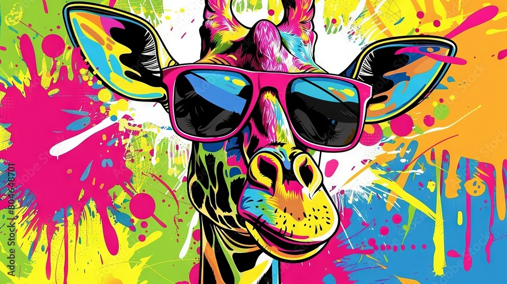   A picture of a giraffe with sunglasses adorned on its face amidst paint splatter in the backdrop