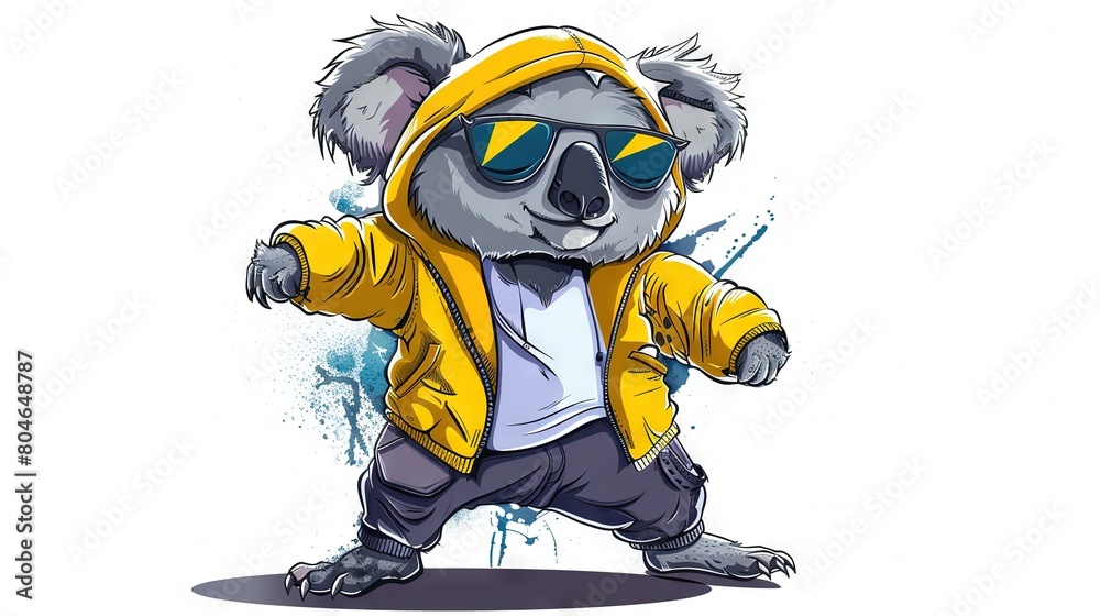   A picture of a koala with a yellow vest, glasses, and hoodie by the water splash