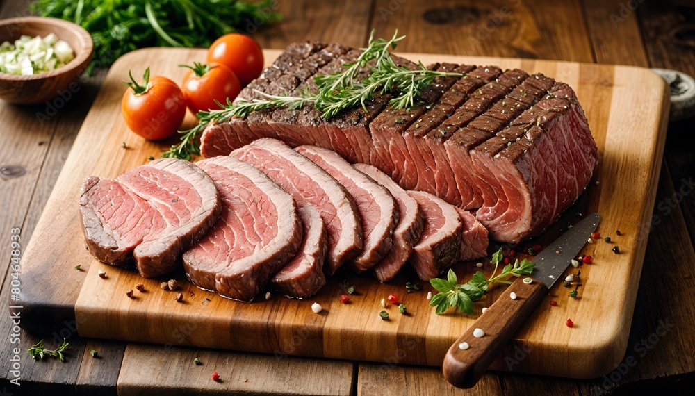 Fototapeta premium grilled beef steaks with spices on wooden cutting board