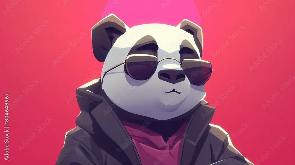 A pandabear in sunglasses and a hoodie over its face on a pink background A pandabear in sunglasses and a hoodie over its face on a pink background