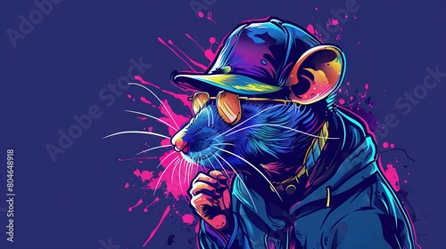   A rat wearing a baseball cap, depicted in a painting with splattered background photo