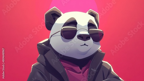   A pandabear in sunglasses and a hoodie over its face on a pink background © Nadia