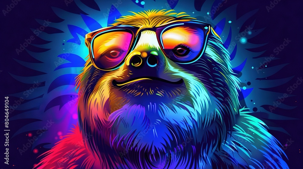   A painting of a slotty bear wearing sunglasses and surrounded by a starburst background