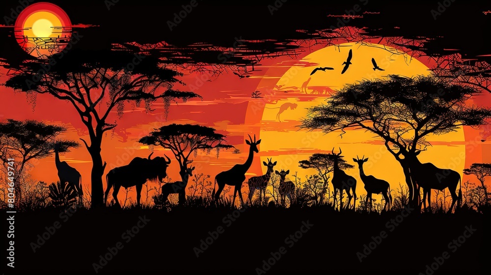   A group of giraffes standing in front of a sunset, with birds flying in the sky and trees in the foreground