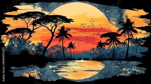   A sunset painting with palm trees, water, full moon, and bird flight