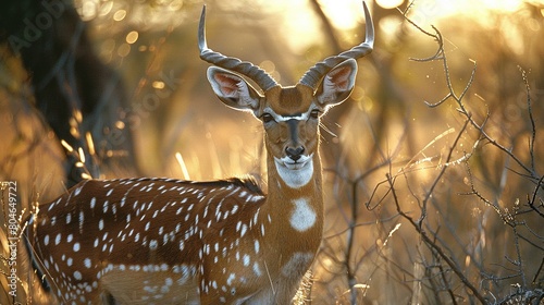   A close-up of a deer in a grassy field, surrounded by trees, with sunlight filtering through the branches above photo