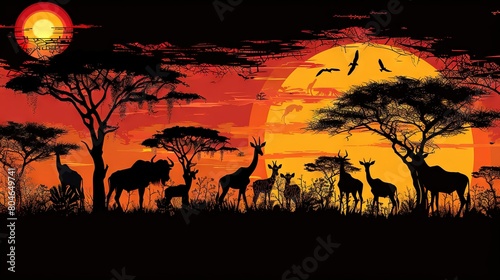   A group of giraffes standing in front of a sunset, with birds flying in the sky and trees in the foreground