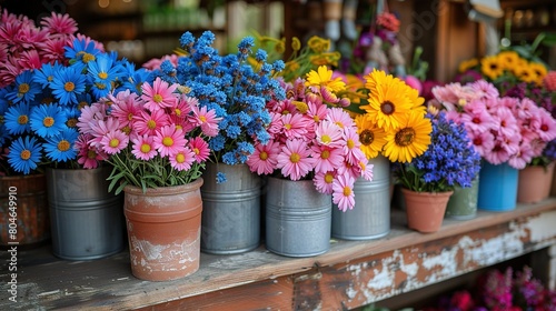   A row of flower pots on a shelf brimming with diverse wildflowers