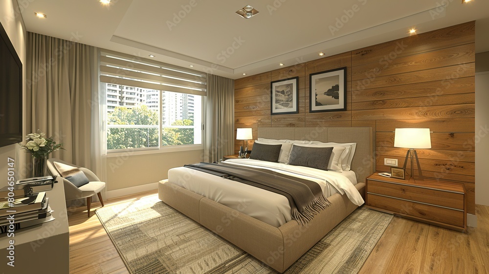 A large bed occupies a spacious bedroom, resting on a solid wooden floor alongside a wall-mounted TV A large bed occupies a spacious bedroom, resting on a solid wooden floor alongside a wall-mounted TV