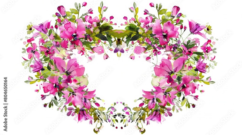   A wreath of pink flowers and green leaves on a white background with text centered