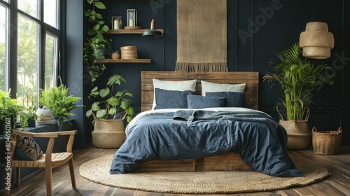   A tidy bedroom adorned with numerous potted plants alongside a well-made bed