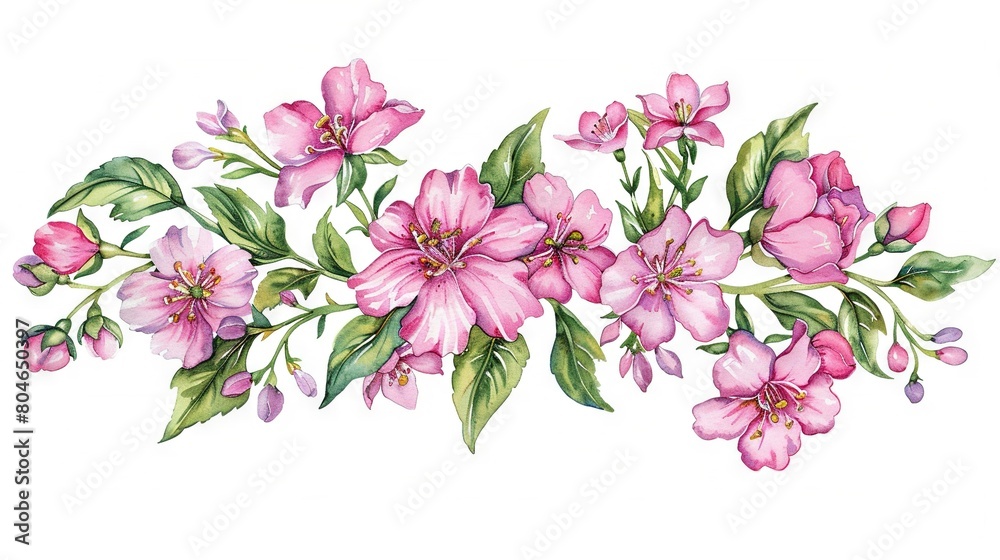   A watercolor depiction of pink blossoms on white canvas, framed by pink & green foliage
