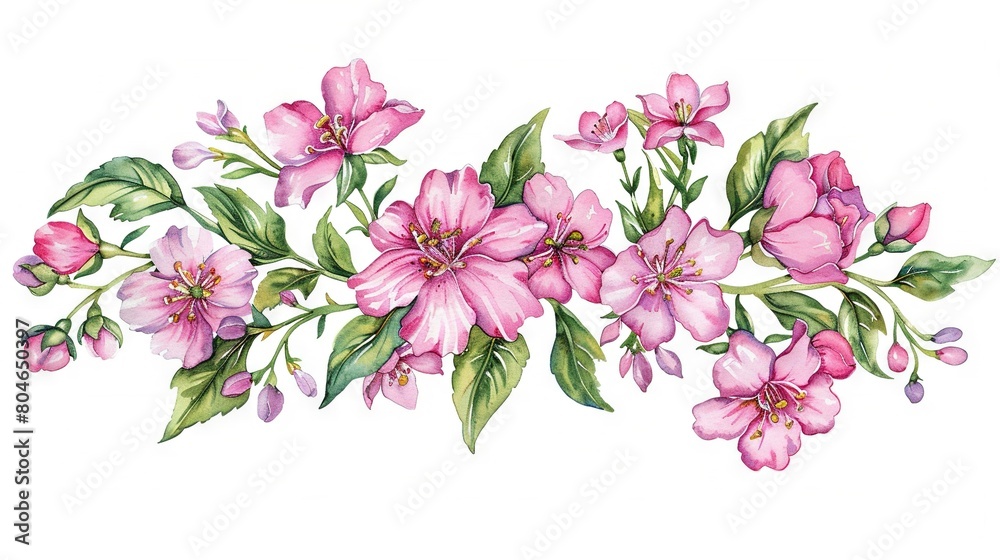 A watercolor depiction of pink blossoms on white canvas, framed by pink & green foliage A watercolor depiction of pink blossoms on white canvas, framed by pink & green foliage