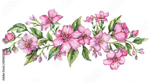   A watercolor depiction of pink blossoms on white canvas  framed by pink   green foliage