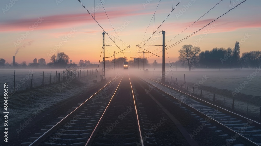 Morning mist enveloping the tracks as a high-speed train speeds towards the horizon.
