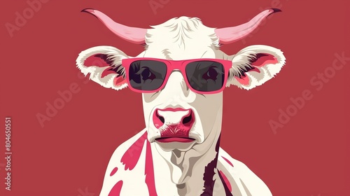   A picture of a cow with sunglasses on its head, wearing a scarf around its neck © Nadia