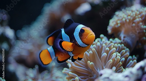  A clownfish with an orange and white stripe on its head swims in a sea anemone