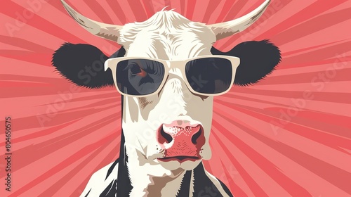  A cow wearing sunglasses against a pink background with sunbursts in the image