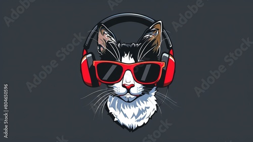   A black and white cat wearing headphones and red glasses has a cat's face at its center