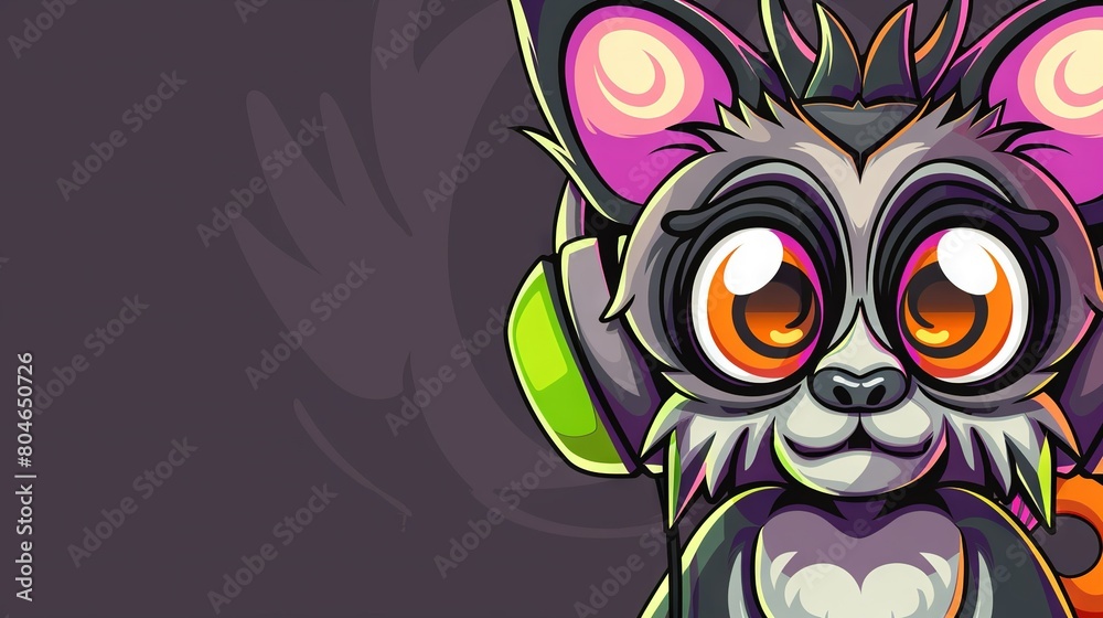   A cartoon mouse with headphones on, purple background, orange eyes