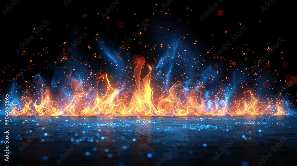   A fire and water scene with vibrant blue and orange flames and fiery red and blue lights against a dark backdrop