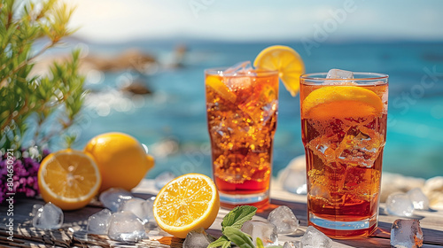 Chilled Iced Tea Against a Tropical Ocean Backdrop