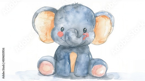   A watercolor depiction of a majestic blue elephant featuring vibrant orange ears and tusks  perched serenely atop a pristine white background