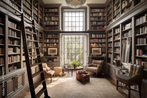 A stylish home library with floor-to-ceiling bookshelves, a rolling ladder, and a cozy reading nook tucked away in the corner, beckoning book lovers to indulge in their favorite pastime.