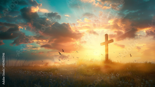 A cross with birds flying in the sky at sunset, symbolizing Jesus' themes of death and rebirth for Easter on the YouTube video background.