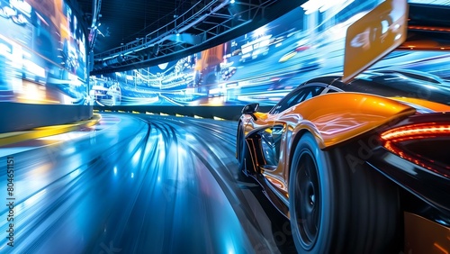 Immerse Yourself in Arcade-Style Car Games on a Racing Simulator. Concept Arcade-Style, Car Games, Racing Simulator, Immersive Experience, High-Speed Action photo