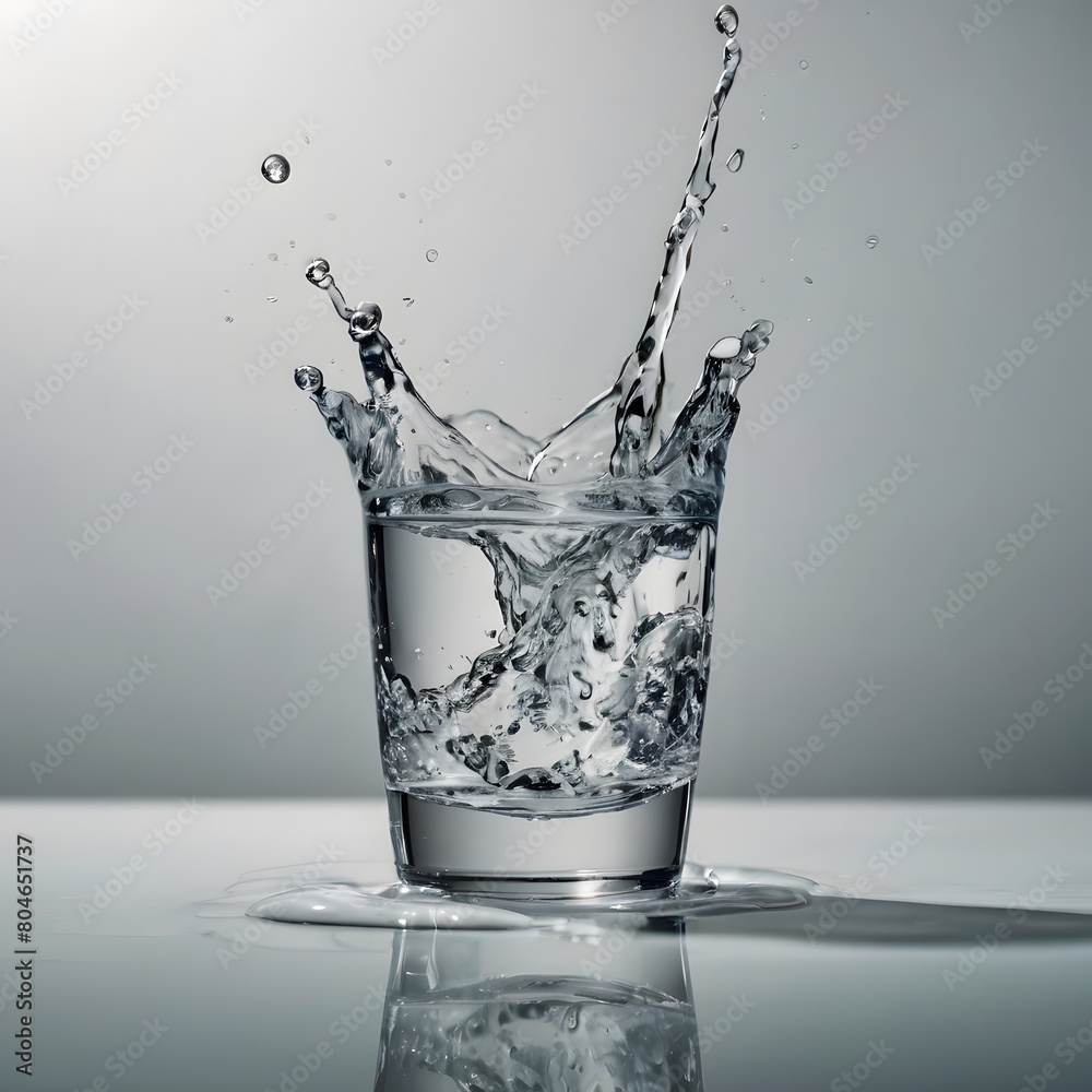 A glass of clean fresh water, splashes of water from the glass. Concept: nature, purification, freshness. Light studio background, for water advertising. A glass of clean fresh water, splashes of water from the glass. Concept: nature, purification, freshness. Light studio background, for water advertising.