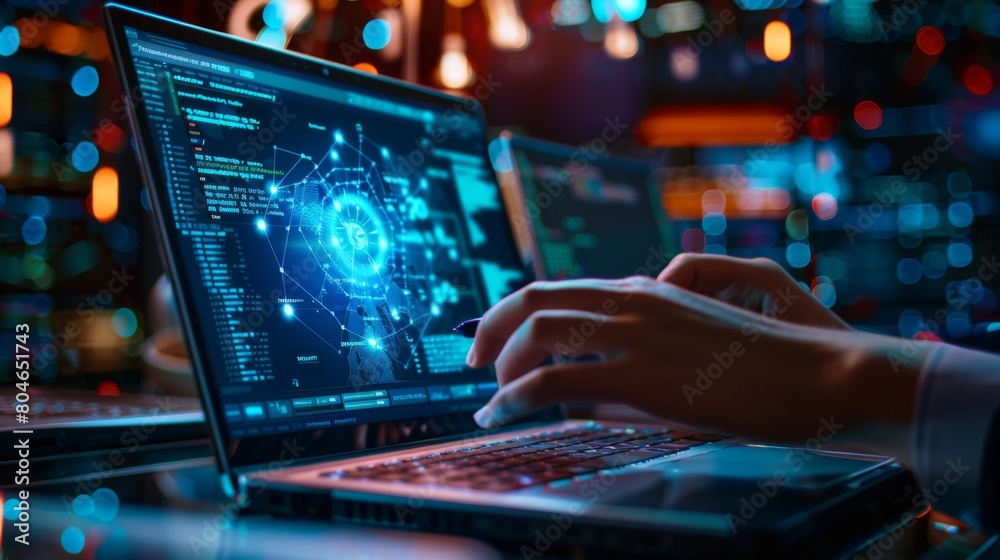 Programmer people working and touch virtual screen AI, artificial intelligence software engineer coding on laptop computers with technology Programmer people working and touch virtual screen AI, artificial intelligence software engineer coding on laptop computers with technology