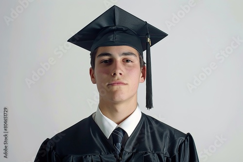 Attractive male graduate student in graduation gown and cap on grey background