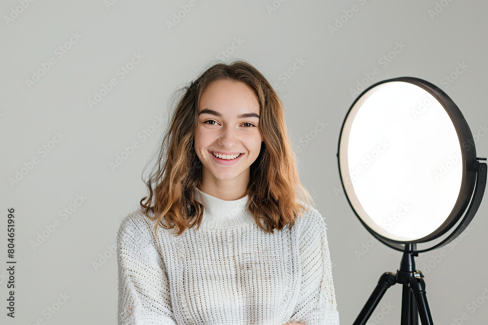 Beautiful blogger using selfie ring light and smartphone on grey background Beautiful blogger using selfie ring light and smartphone on grey background