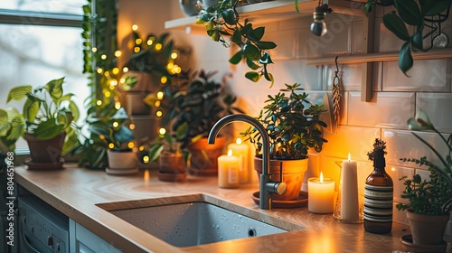 a warm, cozy bathroom featuring a close-up shot of a white terrazzo undermount sink illuminated by candlelight, surrounded by wooden cabinets and lush green plants.