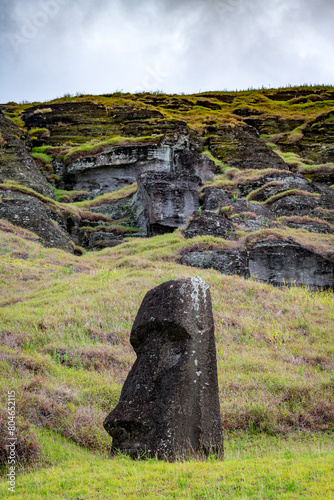 moais in the quarry of Rano Raraku, in Rapa Nui, Easter Island