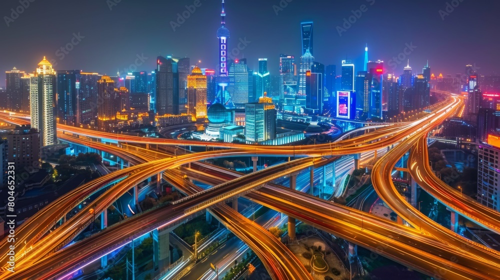 Fototapeta premium Shanghai elevated road junction and interchange overpass at night, Shanghai China