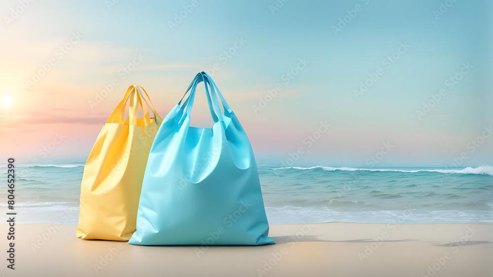 Two bags are on the beach, one yellow and one blue Two bags are on the beach, one yellow and one blue