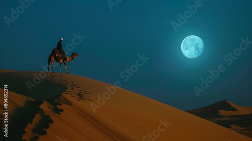 night view of a man ride on camel in desert
