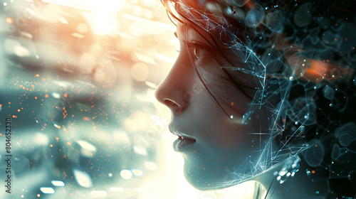 The captivating expressions of a woman's face in a cybernetic wonderland with bokeh background 