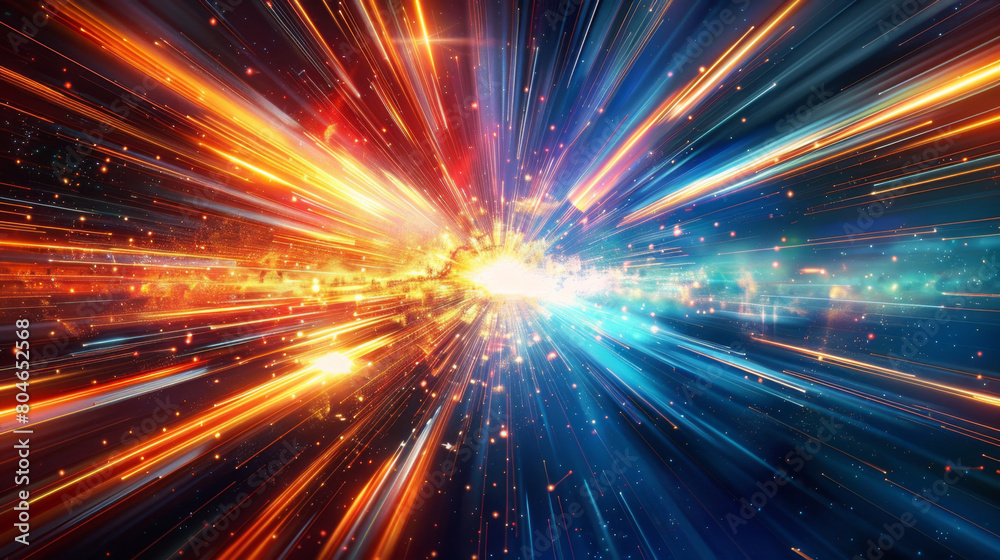 Abstract background with rays of light, blue and orange colors. Concept for high speed in space or futuristic technology