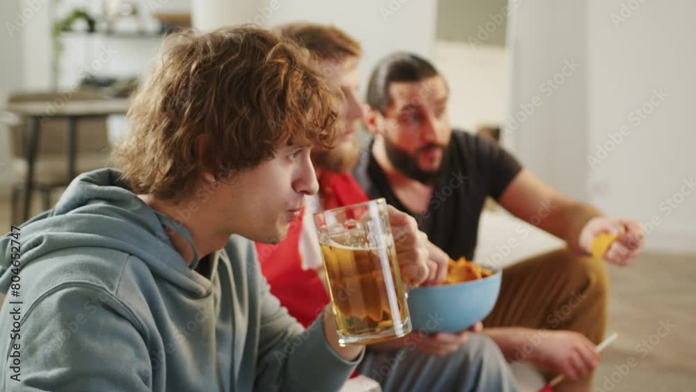 Males Spain fans watching football match on tv and drinking beer , cheering for Spain team. European and World football cup, Germany, USA, Canada, Mexico. Sports and soccer fans. Slow Motion Males Spain fans watching football match on tv and drinking beer , cheering for Spain team. European and World football cup, Germany, USA, Canada, Mexico. Sports and soccer fans. Slow Motion