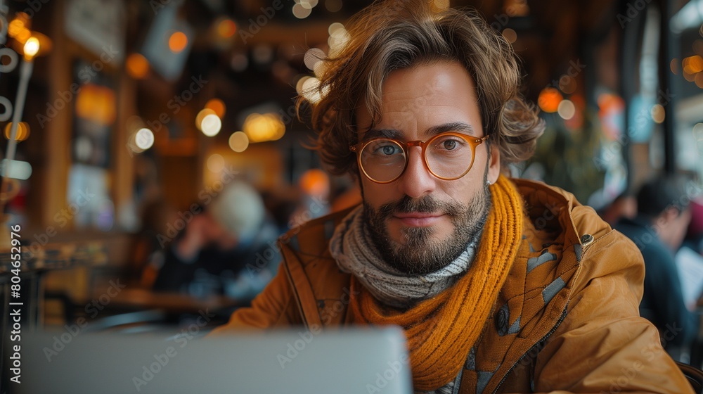 Entrepreneur working on a startup idea in a lively cafe, casual yet focused setting, YouTube thumbnail with copy space for text on left Entrepreneur working on a startup idea in a lively cafe, casual yet focused setting, YouTube thumbnail with copy space for text on left