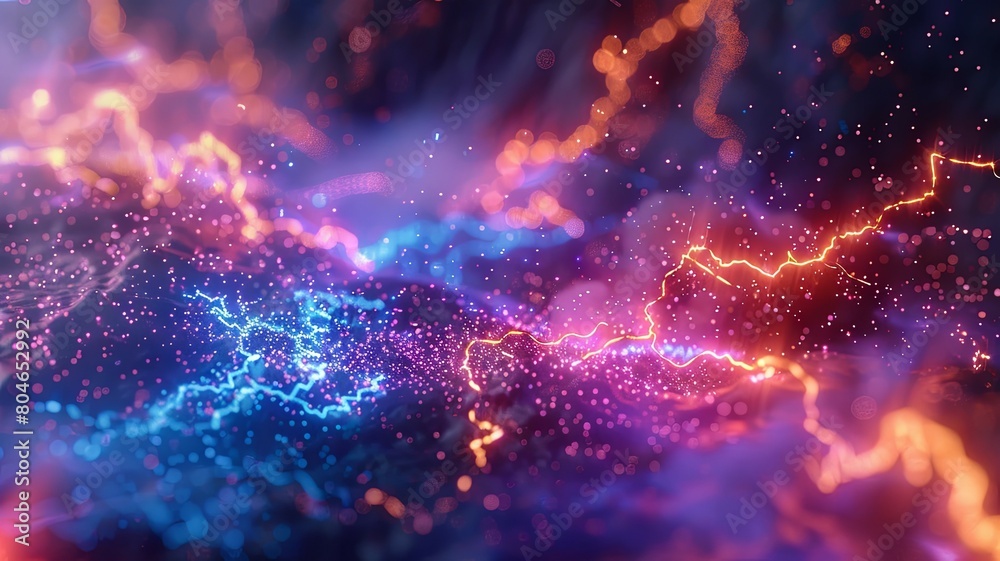This abstract technological landscape features an intricate network of interconnected lightning bolts, radiating with vivid neon hues and pulsing with digital energy. The fluid dynamic movement